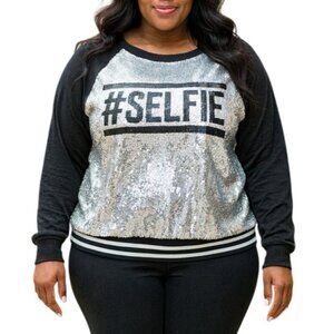 Fashion House Size Large Sparkle Selfie Sweatshirt Black Silver Sequin